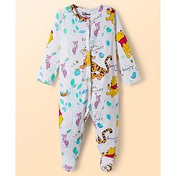 Babyhug Disney Interlock Knit Full Sleeves Footed Sleepsuit With Winnie & Friend Graphics Pack Of 2 - Green & White