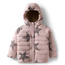 Babyhug Woven Full Raglan Sleeves Hooded Padded Jacket with Star Print - Beige
