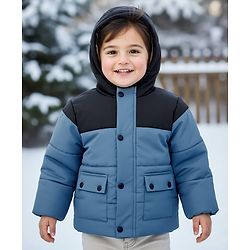 Babyhug Woven Full Sleeves Solid Hooded Padded Jacket - Blue