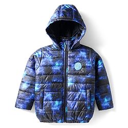 Babyhug Woven Full Sleeves Hooded Padded Jacket With Galaxy Theme Print - Navy Blue