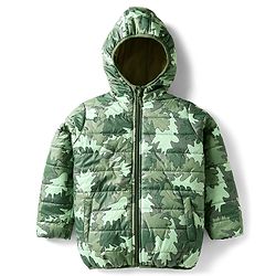 Babyhug Woven Full Sleeves Hooded Padded Jacket With Abstract Print - Olive Green