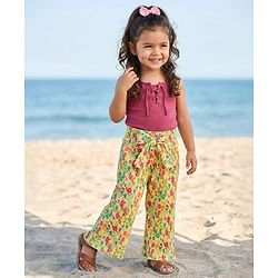 Babyhug Cotton Knit Full Length Culottes With Floral Print - Yellow