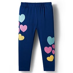 Babyhug Cotton Lycra Knit Full Length Leggings With Heart Print - Navy Blue
