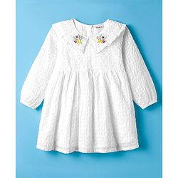 Babyhug Cotton Woven Full Sleeves Frock with Floral Embroidery - White