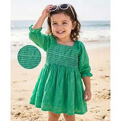 Babyhug 100% Cotton Woven Half Raglan Sleeves Frock with Thread Detailing - Green