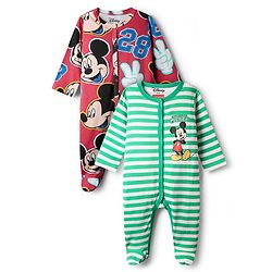 Babyhug Disney Interlock Knit Full Sleeves Footed Sleepsuit With Mickey Mouse Print Pack Of 2 - Green & Red