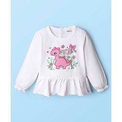 Babyhug Single Jersey Knit Full Sleeves Top and Leggings Set with Back-Snap Buttons Dino Print & Bow Applique - White & Pink