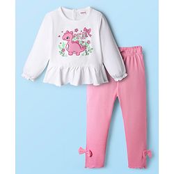 Babyhug Single Jersey Knit Full Sleeves Top and Leggings Set with Back-Snap Buttons Dino Print & Bow Applique - White & Pink