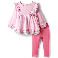 Babyhug Single Jersey Knit Full Sleeves Top and Leggings Set with Back-Snap Buttons Bunny & Floral Print Bow Applique & Frill Detailing - Pink