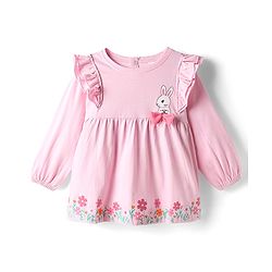 Babyhug Single Jersey Knit Full Sleeves Top and Leggings Set with Back-Snap Buttons Bunny & Floral Print Bow Applique & Frill Detailing - Pink