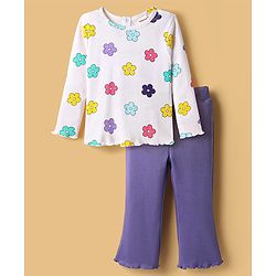 Babyhug 100% Cotton Single Jersey Knit Full Sleeves Top and Trouser Set with Back-Snap Buttons & Floral Print - White & Purple