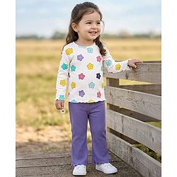 Babyhug 100% Cotton Single Jersey Knit Full Sleeves Top and Trouser Set with Back-Snap Buttons & Floral Print - White & Purple