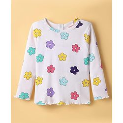 Babyhug 100% Cotton Single Jersey Knit Full Sleeves Top and Trouser Set with Back-Snap Buttons & Floral Print - White & Purple