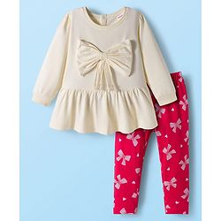 Babyhug 100% Cotton Single Jersey Knit Full Sleeves Top and Leggings Set with Bow Print & Applique - Offwhite & Red
