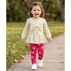 Babyhug 100% Cotton Single Jersey Knit Full Sleeves Top and Leggings Set with Bow Print & Applique - Offwhite & Red