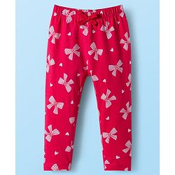 Babyhug Single Jersey Knit Full Sleeves Top and Leggings Set with Bow Print & Applique - Offwhite & Red