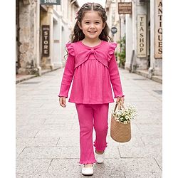 Babyhug 100% Cotton Rib Knit Full Sleeves Solid Top & Leggings Co-Ord Set - Pink