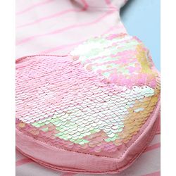 Babyhug Single Jersey Knit Full Sleeves Top & Pant Set With Attached Sequinned Pouch Stripes & Heart Print - Pink