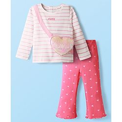 Babyhug Single Jersey Knit Full Sleeves Top & Pant Set With Attached Sequinned Pouch Stripes & Heart Print - Pink