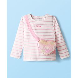 Babyhug Single Jersey Knit Full Sleeves Top & Pant Set With Attached Sequinned Pouch Stripes & Heart Print - Pink