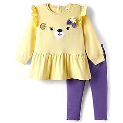 Babyhug Single Jersey Knit Full Sleeves Top and Leggings Set with Back-Snap Buttons & Bear Print - Yellow & Purple