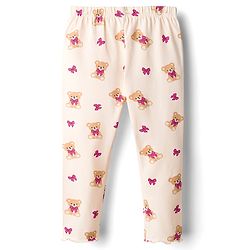 Babyhug Single Jersey Knit Full Sleeves Top & Leggings Set With Teddy Print Patch & Frill Detailing - Dark Pink & Beige