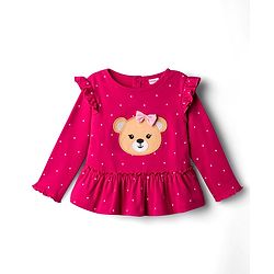 Babyhug 100% Cotton Single Jersey Knit Full Sleeves Top & Leggings Set With Teddy Print Patch & Frill Detailing - Dark Pink & Beige