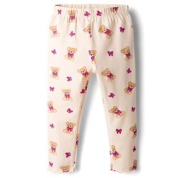 Babyhug Single Jersey Knit Full Sleeves Top & Leggings Set With Teddy Print Patch & Frill Detailing - Dark Pink & Beige