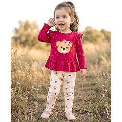 Babyhug 100% Cotton Single Jersey Knit Full Sleeves Top & Leggings Set With Teddy Print Patch & Frill Detailing - Dark Pink & Beige