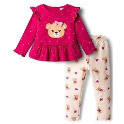 Babyhug 100% Cotton Single Jersey Knit Full Sleeves Top & Leggings Set With Teddy Print Patch & Frill Detailing - Dark Pink & Beige