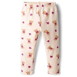 Babyhug 100% Cotton Single Jersey Knit Full Sleeves Top & Leggings Set With Teddy Print Patch & Frill Detailing - Dark Pink & Beige