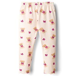 Babyhug 100% Cotton Single Jersey Knit Full Sleeves Top & Leggings Set With Teddy Print Patch & Frill Detailing - Dark Pink & Beige