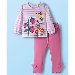 Babyhug Single Jersey Knit Full Sleeves Top and Leggings Set with Stripes & Floral Print - Pink