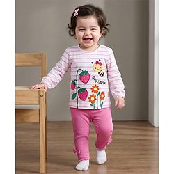 Babyhug Single Jersey Knit Full Sleeves Top and Leggings Set with Stripes & Floral Print - Pink