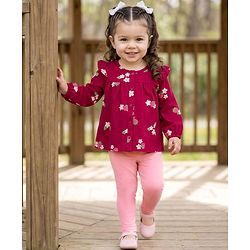 Babyhug 100% Cotton Single Jersey Knit Full Sleeves Top and Leggings Set with Front-Buttons Floral Print & Frill Detailing - Maroon & Pink