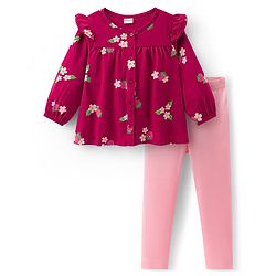 Babyhug 100% Cotton Single Jersey Knit Full Sleeves Top and Leggings Set with Front-Buttons Floral Print & Frill Detailing - Maroon & Pink