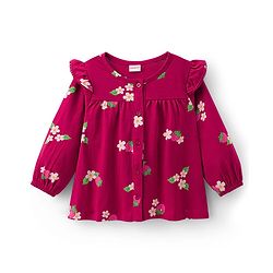 Babyhug 100% Cotton Single Jersey Knit Full Sleeves Top and Leggings Set with Front-Buttons Floral Print & Frill Detailing - Maroon & Pink