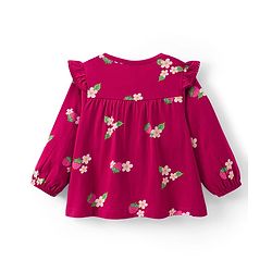 Babyhug 100% Cotton Single Jersey Knit Full Sleeves Top and Leggings Set with Front-Buttons Floral Print & Frill Detailing - Maroon & Pink