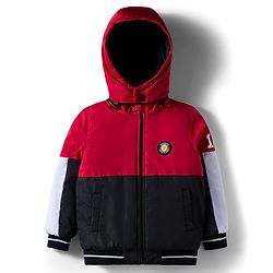 Babyhug Woven Full Sleeves Hooded Padded Jacket With Brooklyn Patch & Detachable Hood - Red & Navy Blue