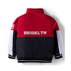 Babyhug Woven Full Sleeves Hooded Padded Jacket With Brooklyn Patch & Detachable Hood - Red & Navy Blue