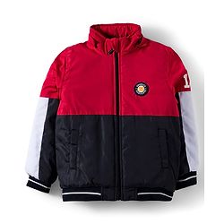 Babyhug Woven Full Sleeves Hooded Padded Jacket With Brooklyn Patch & Detachable Hood - Red & Navy Blue