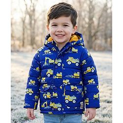 Babyhug Woven Full Sleeves Hooded Padded Jacket with Vehicle Print - Navy Blue