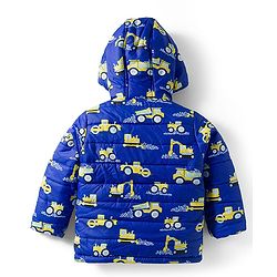 Babyhug Woven Full Sleeves Hooded Padded Jacket with Vehicle Print - Navy Blue