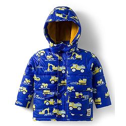 Babyhug Woven Full Sleeves Hooded Padded Jacket with Vehicle Print - Navy Blue