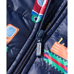 Babyhug Woven Full Sleeves Hooded Padded Jacket with Vehicle Print - Navy Blue