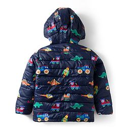 Babyhug Woven Full Sleeves Hooded Padded Jacket with Vehicle Print - Navy Blue