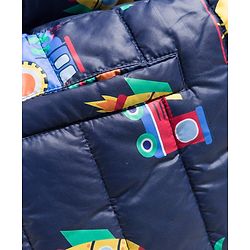 Babyhug Woven Full Sleeves Hooded Padded Jacket with Vehicle Print - Navy Blue