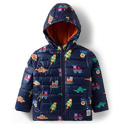 Babyhug Woven Full Sleeves Hooded Padded Jacket with Vehicle Print - Navy Blue