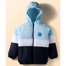 Babyhug Woven Full Sleeves Hooded Padded Jacket With Patch & Color Block Design - White Light & Navy Blue