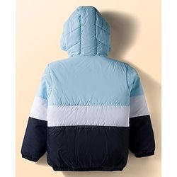 Babyhug Woven Full Sleeves Hooded Padded Jacket With Patch & Color Block Design - White Light & Navy Blue